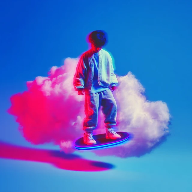 Boy on Hoverboard in the Clouds