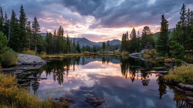 Mountain Lake Reflecting Twilight Sky Pine Trees