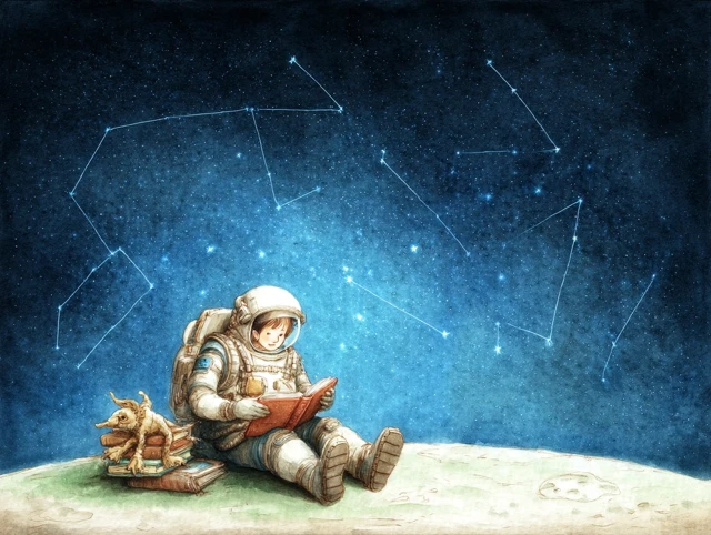 Astronaut Child Reading on the Moon Illustration