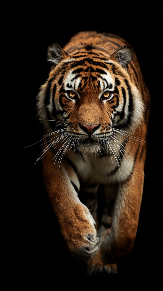 Tiger Chasing Close Up Shot On Black Background