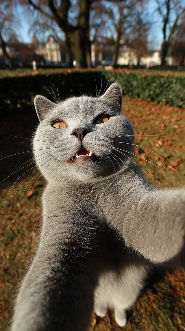 Funny Scottish Fold Cat Selfie at Park