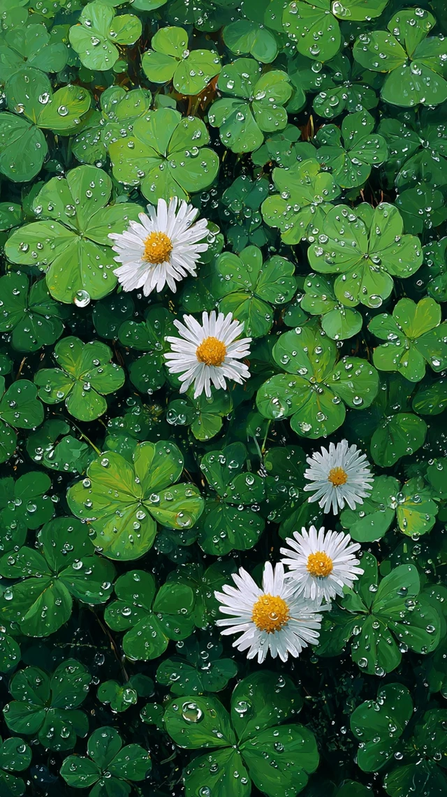 Four Leaf Clovers and Daisies After Rain