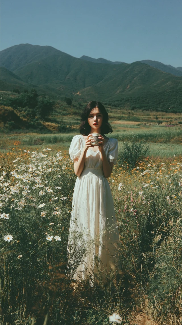 Woman in White Dress Nature Scene Serene Beauty