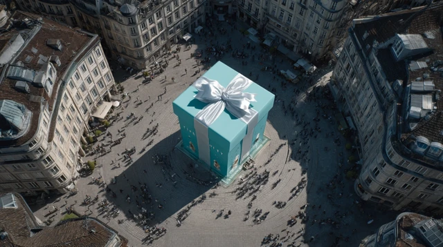 Giant Tiffany Co Gift in European Plaza Drone Shot