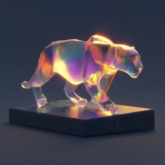 Crystal Cheetah Sculpture Jumping with Colorful Light