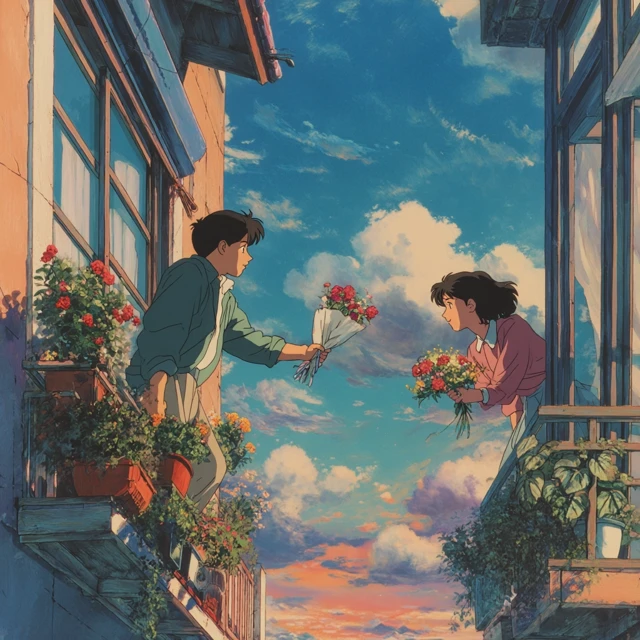 Anime Balcony Romance Flowers