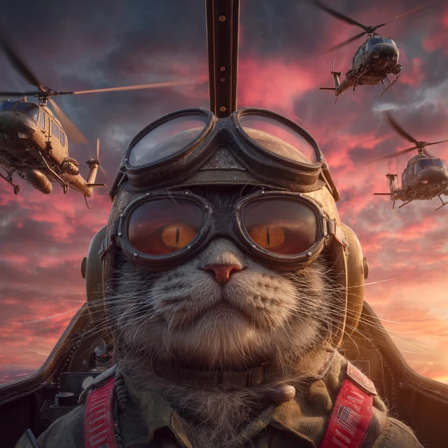 Angry Cat Pilot in Helicopter Action Scene