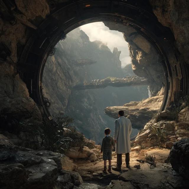 Sci-Fi Portal: Scientist and Child Explore New World