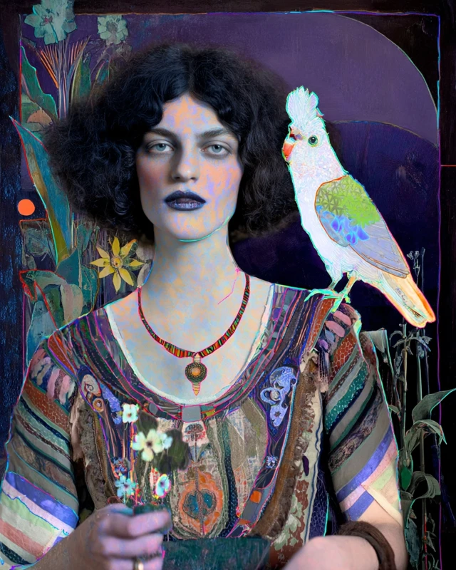 Dark Solarized Retro Portrait with Bird