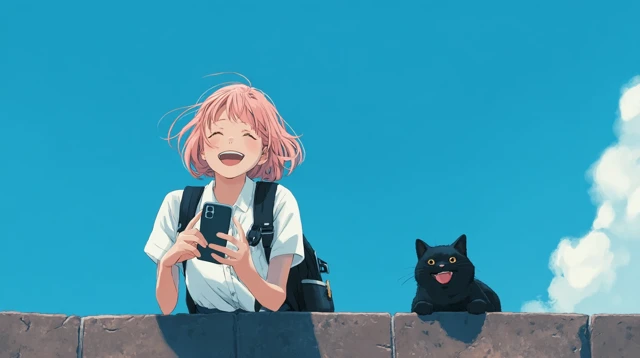 Anime Girl Cat Smartphone Summer Sky