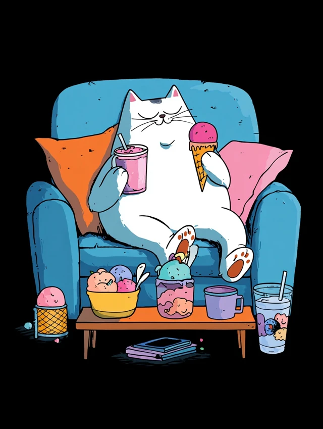 Cute Cat Enjoying Ice Cream Cartoon Illustration