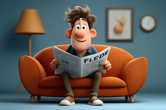 Pixar Illustration Happy Man Reading Newspaper