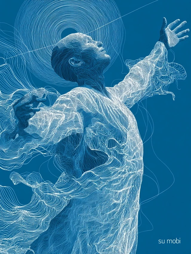 Abstract Human Figure Drawing on Blue