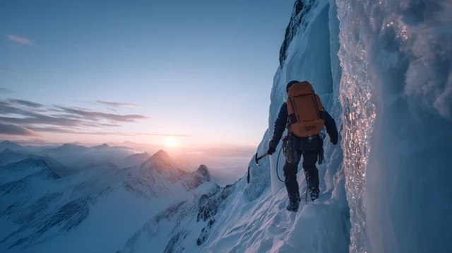 Adventurer Climbing Snowy Mountain at Sunrise