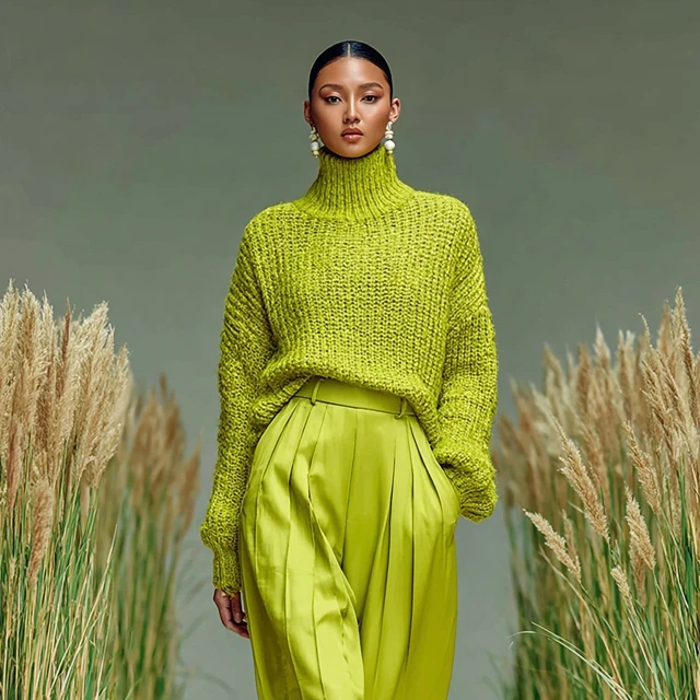 Fashion Model in Lime Green Outfit on Runway
