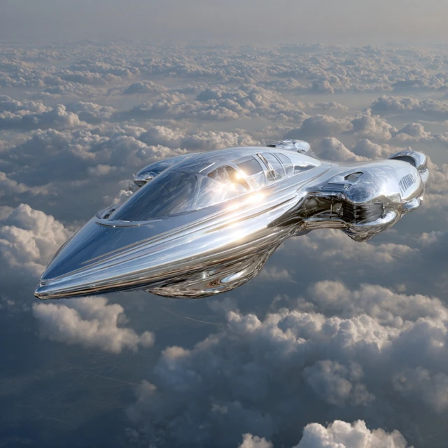 Sleek Silver SciFi Spaceship Above the Clouds