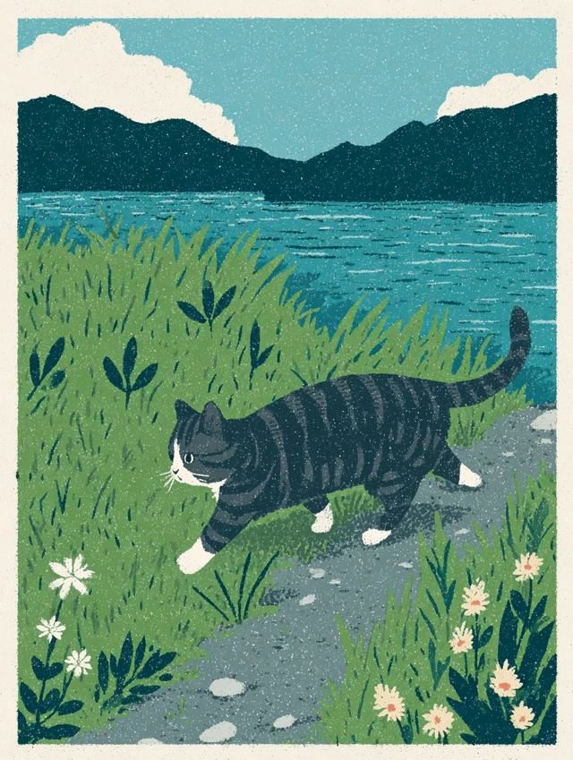 Tabby Cat in Italian Countryside Illustration