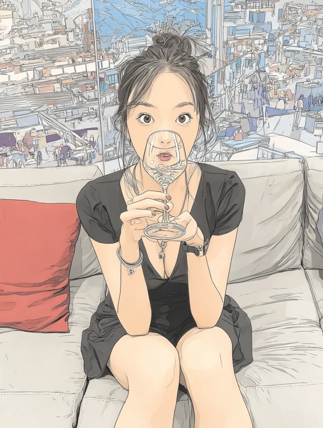 Chinese Girl in Black Dress Holding Glass in Villa