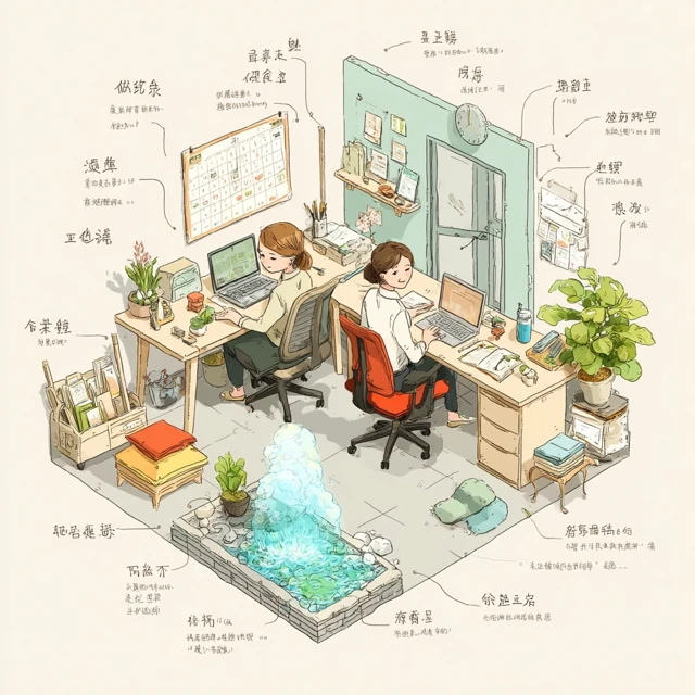 Feng Shui Office Cartoon Illustration for Productivity