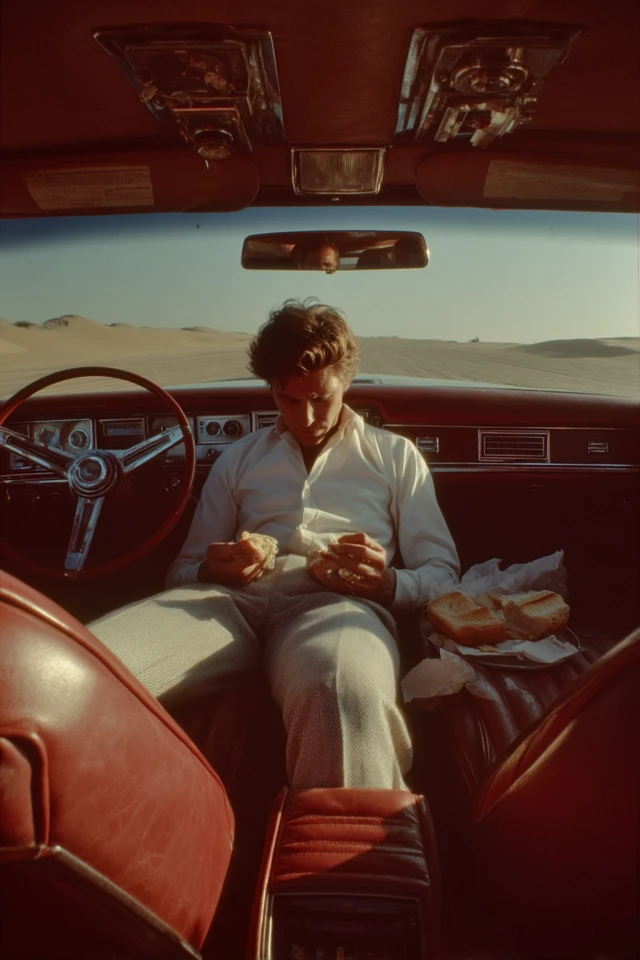 Man in Old Car Eating Sandwiches Desert Scene