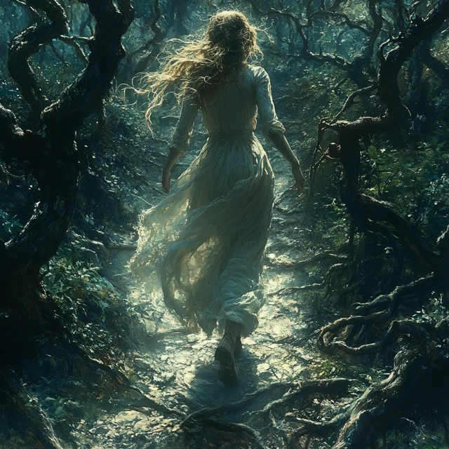 Woman Running in Dark Forest