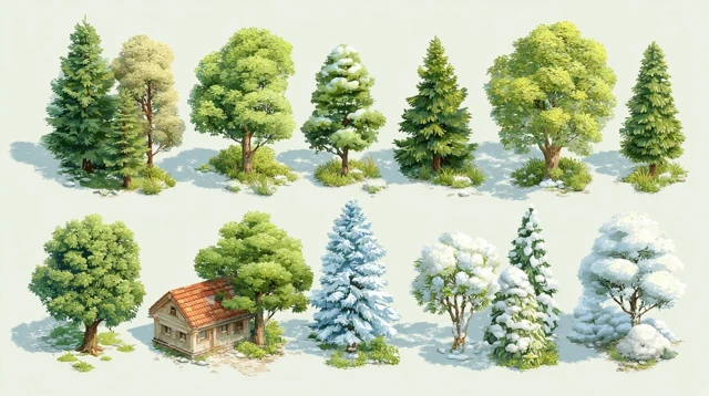 Cartoon Tree Sprites Icons Top View Clean Background