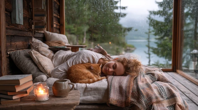 Cozy Cabin Sleep Woman Cat Rain Candles