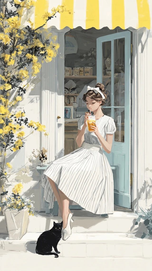 Girly Bakery Scene Woman Cat Gorse Illustration