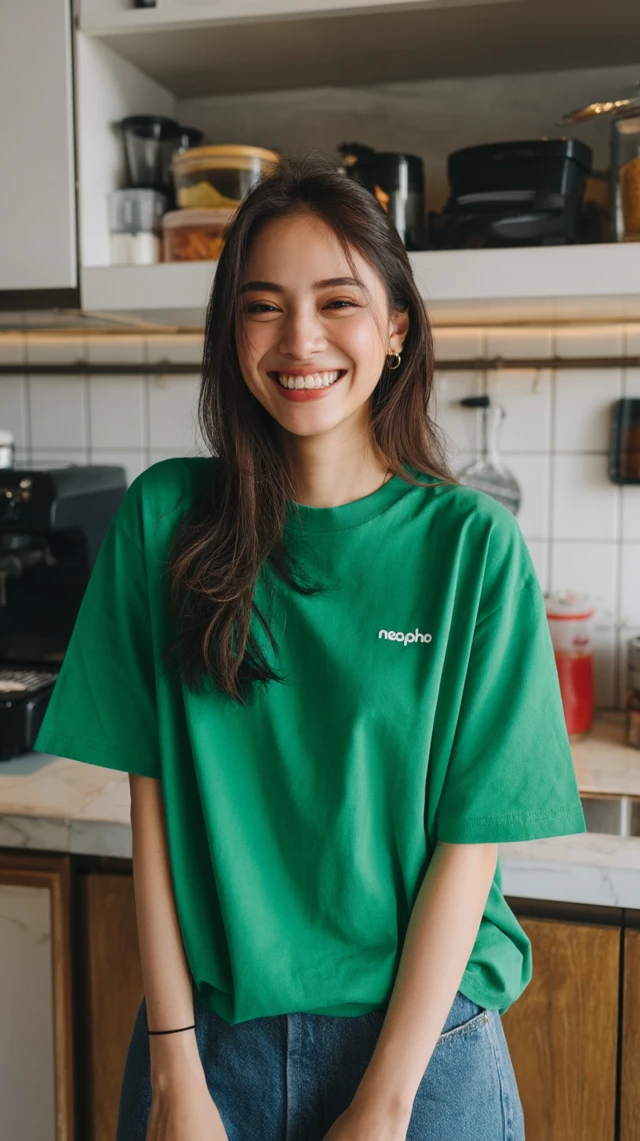 Smiling Thai Woman in Green T-Shirt in Kitchen