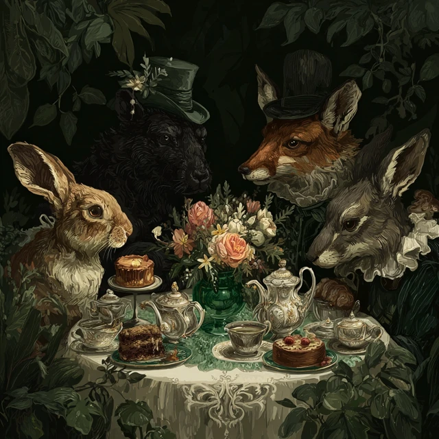 Victorian Animal Tea Party in a Forest Core Setting