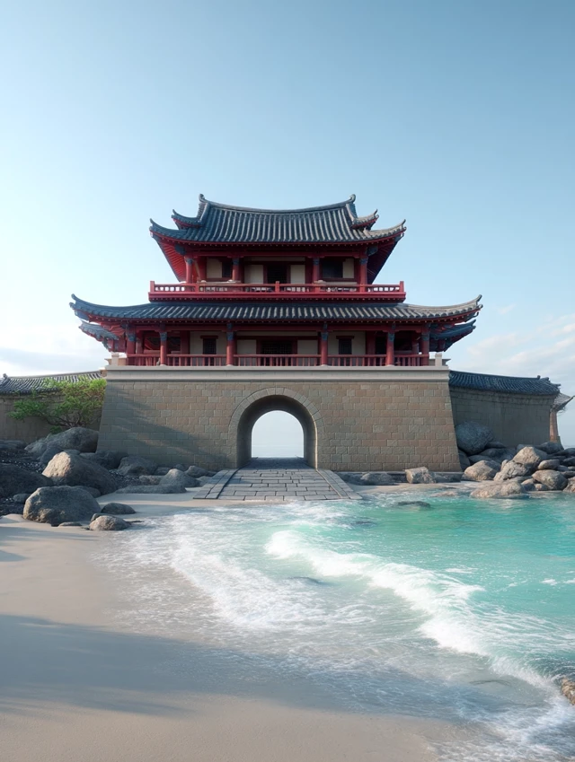 Majestic East Asian Temple on the Beach 3D Render