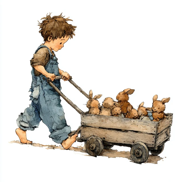 Childs Art Boy Pulling Wagon with Bunnies
