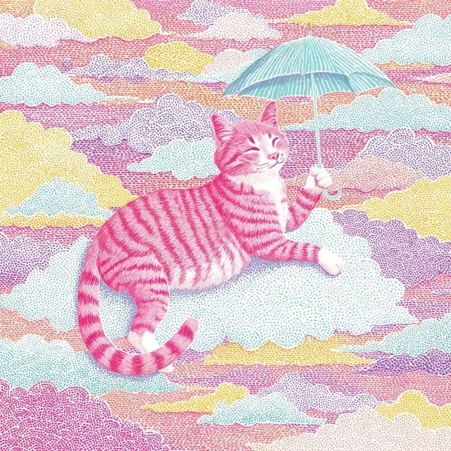 Lazy Cat on Cloud with Umbrella Whimsical Illustration