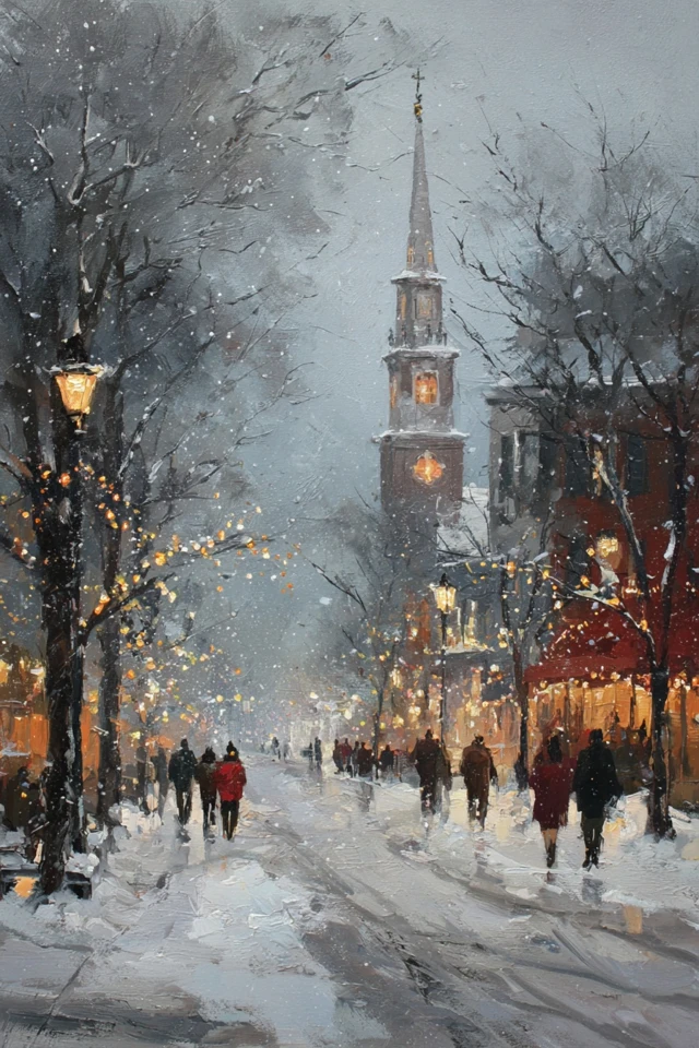 New England Winter Street Painting Christmas Snowfall