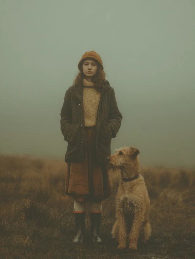 Autumn Woman and Irish Terrier in Fog