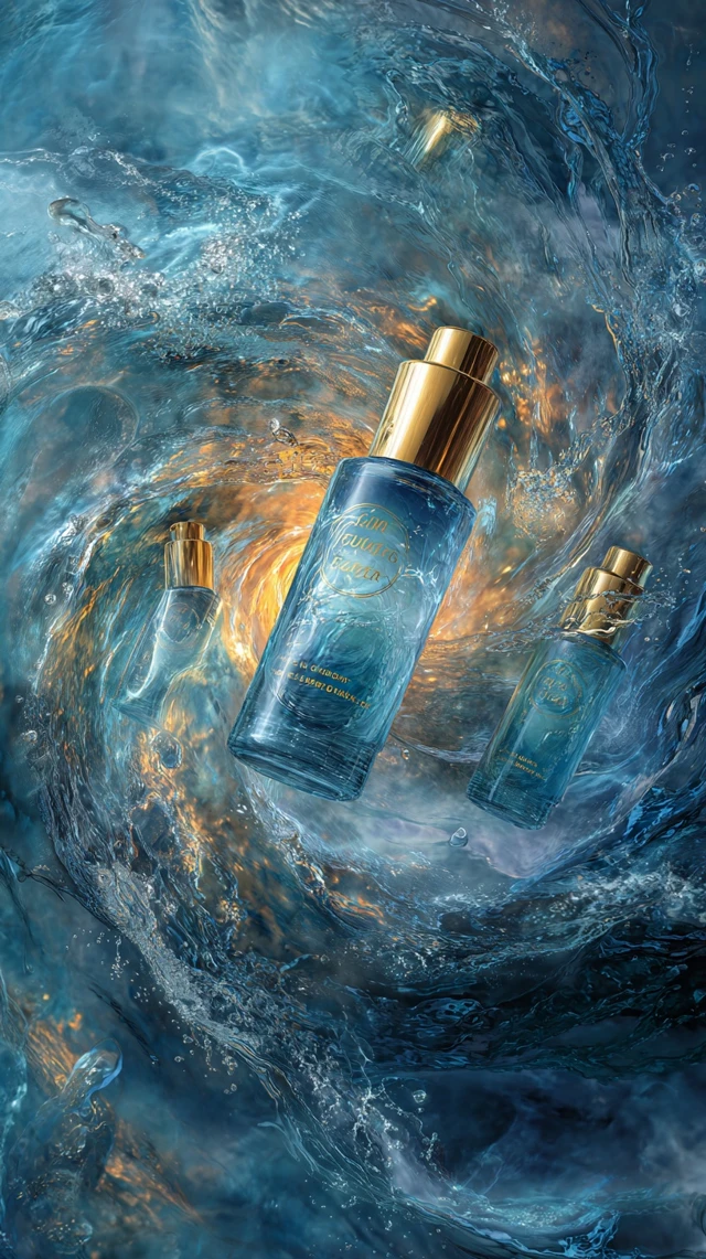 Luxury Skincare Product in Water Waves