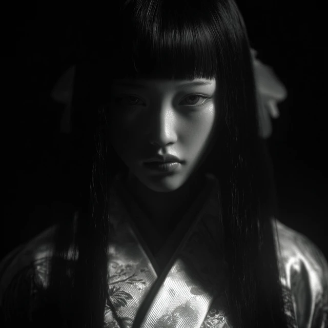 Japanese Doll Portrait Kimono Black Hair