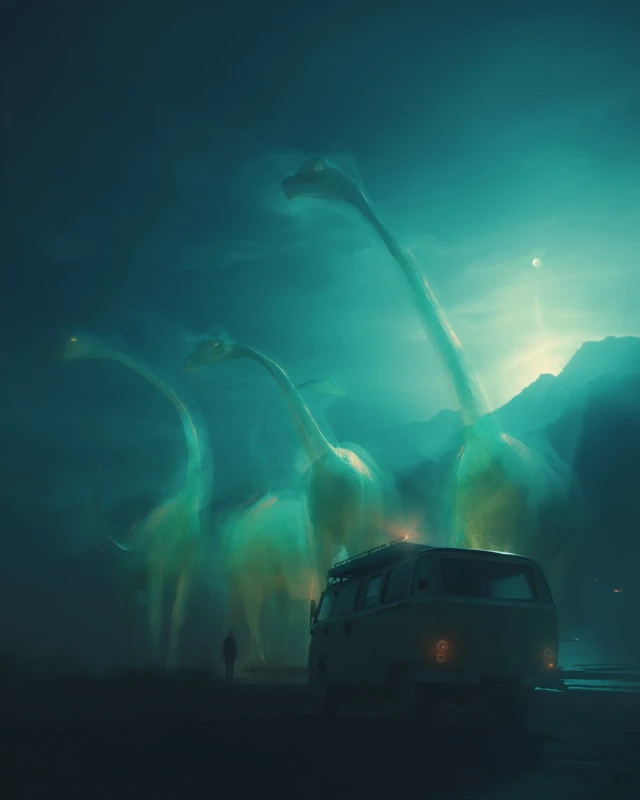 Surreal Night Scene: Glowing Dinosaurs and Vintage Van
