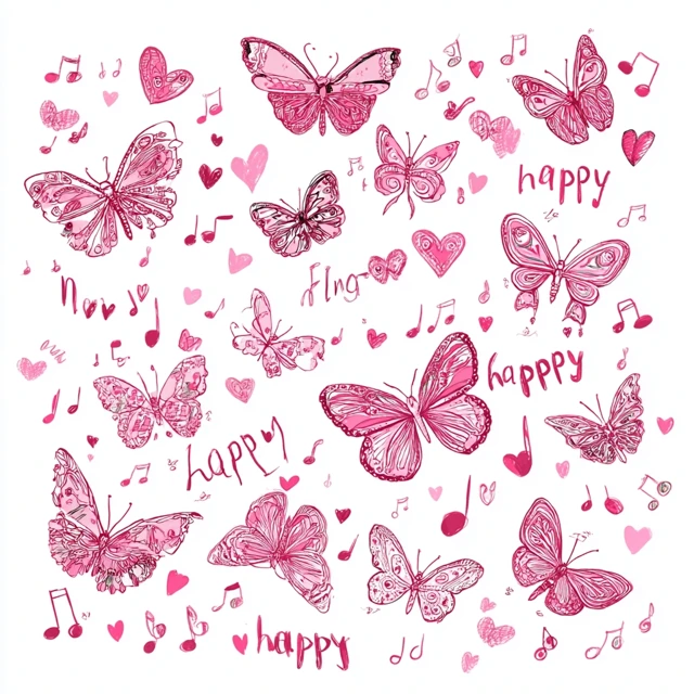 Pink Butterflies Hearts and Music Illustration