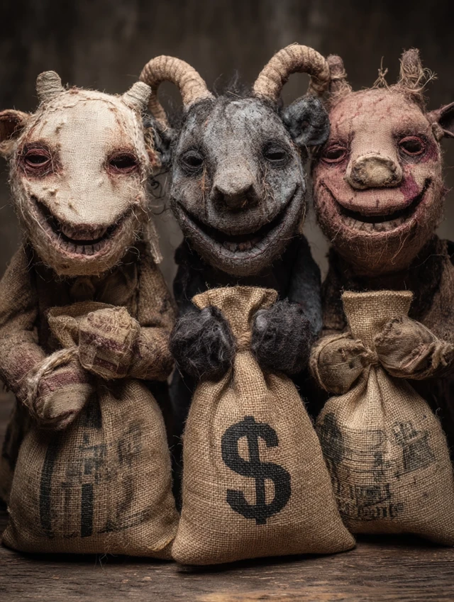 Creepy Sock Puppets Holding Bank Bags