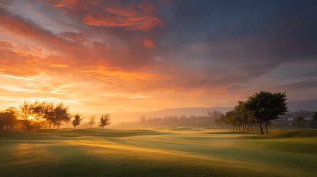 Sunrise Golf Course Dramatic Sky Golden Light