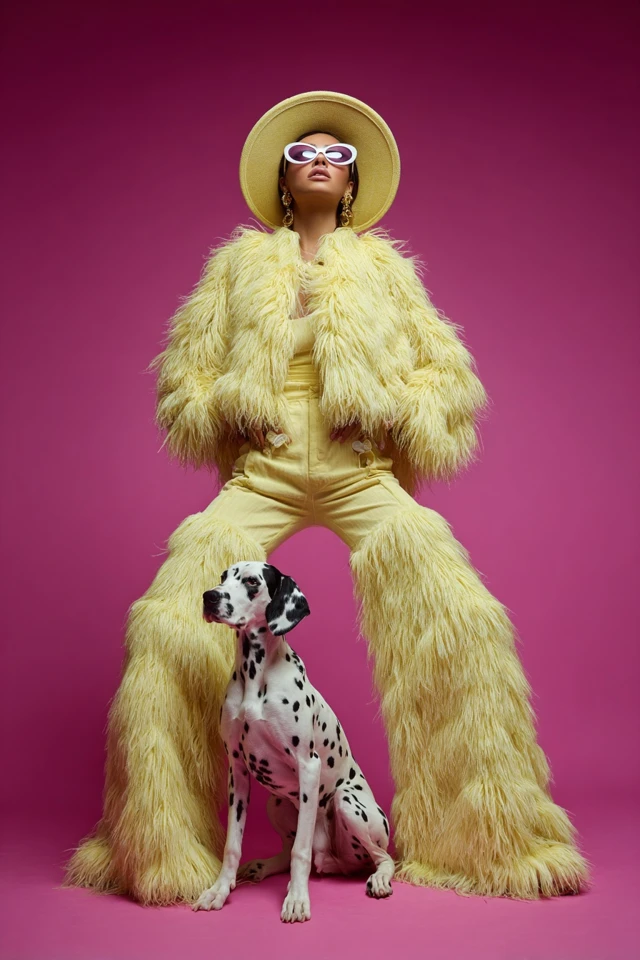 Fashion Portrait in Yellow Faux Fur with Dalmatian