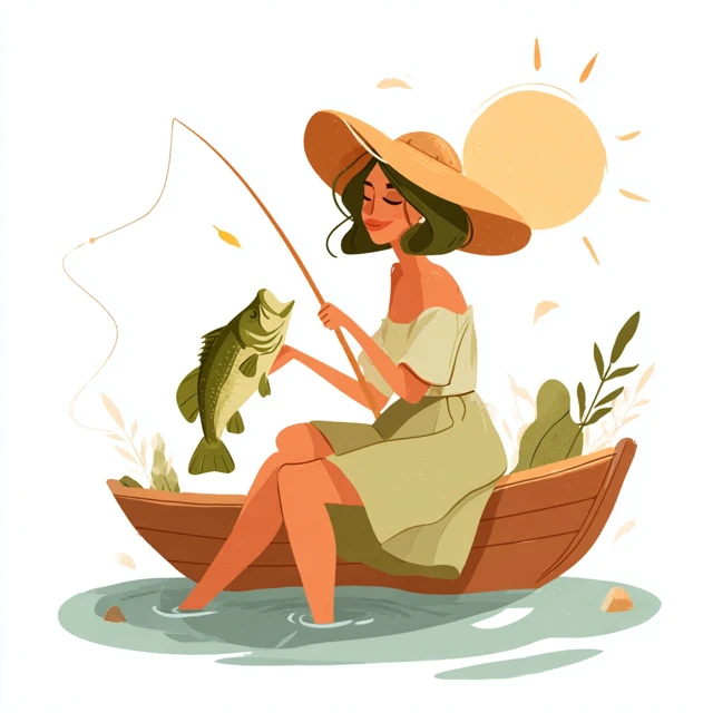 Woman Fishing on Boat Kawaii Illustration