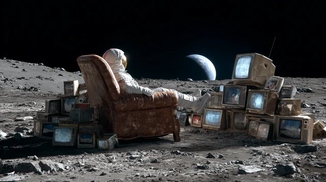 Astronaut Relaxing on the Moon Surrounded by TVs