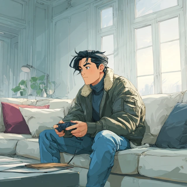 Anime Man Playing Video Games in Modern Apartment