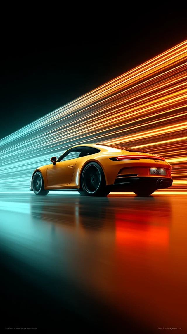 Yellow Sports Car in Tron Inspired Cyberpunk Scene