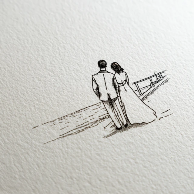 Minimalist Wedding Logo: Couple by the Sea