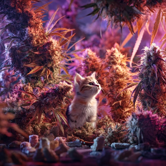 Kitten in a Cannabis Garden with Edibles