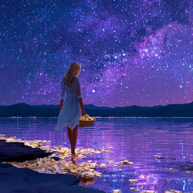 Woman by River Under Cosmic Sky Gold Bars