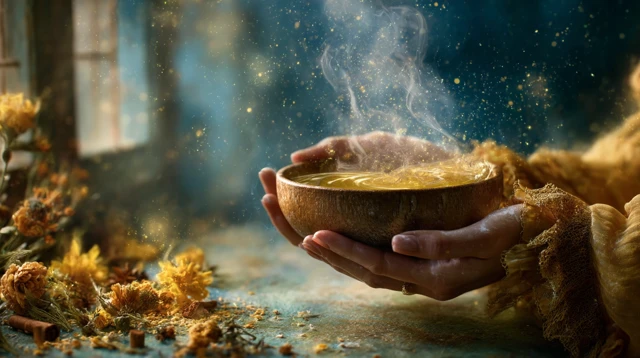 Mystical Hands Holding Glowing Bowl Golden Elixir